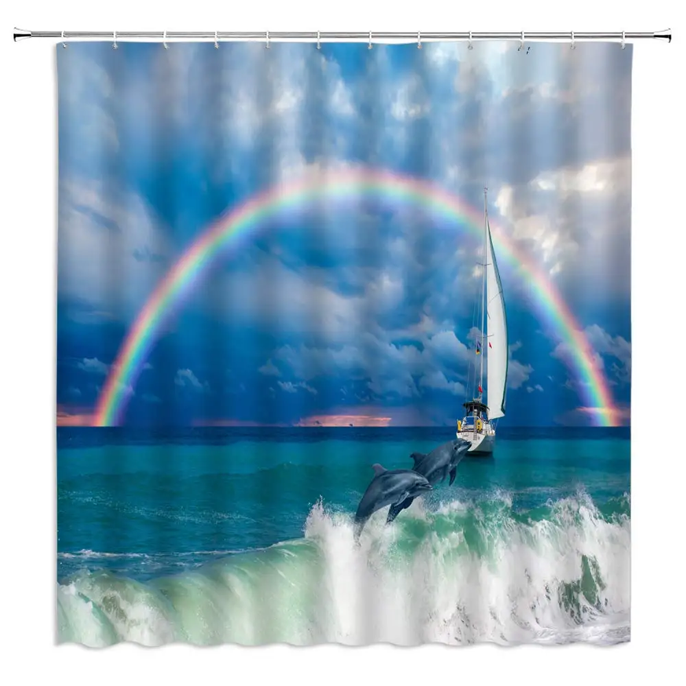 Ocean Scenery Shower Curtain Rainbow Dolphin Sea Animals Sailboat Creative Blue Color Bathroom Curtains Decor Polyester Fabric | Дом и сад
