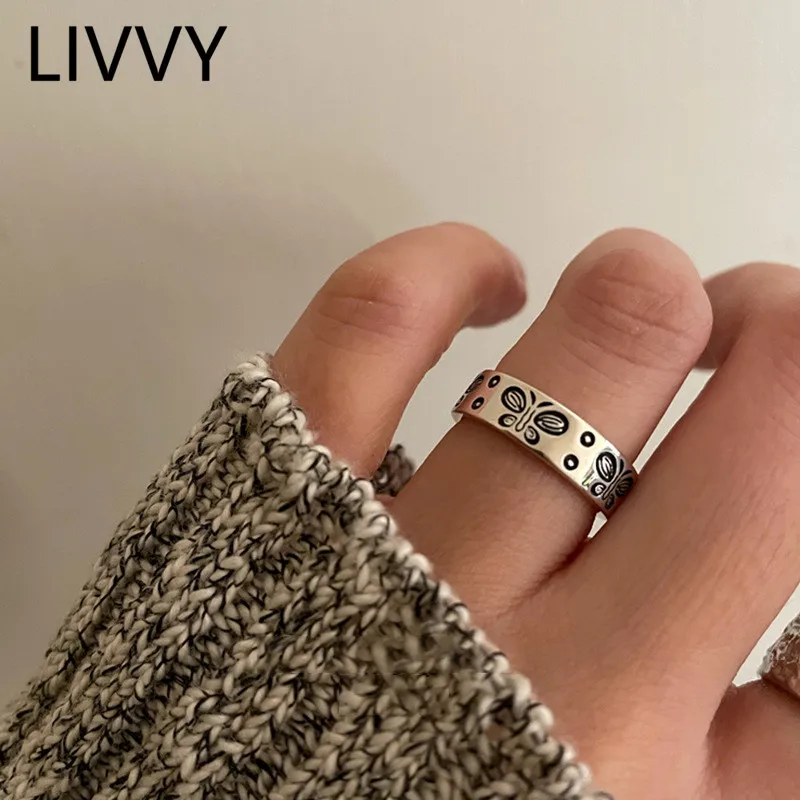 

LIVVY Silver Color Creative Butterflies Rings For Women Vintage Handmade Party Wedding Jewelry Adjustable