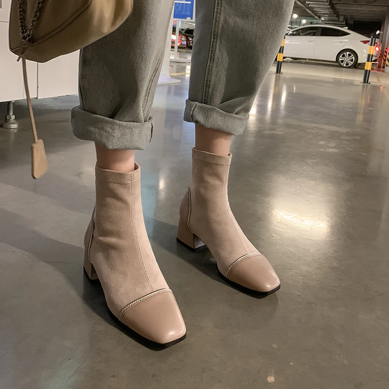 

Square Heel Women Boots Autumn Winter Women Shoes Sexy patchwork square Toe Fashion Ankle Boots Big Size 34-43