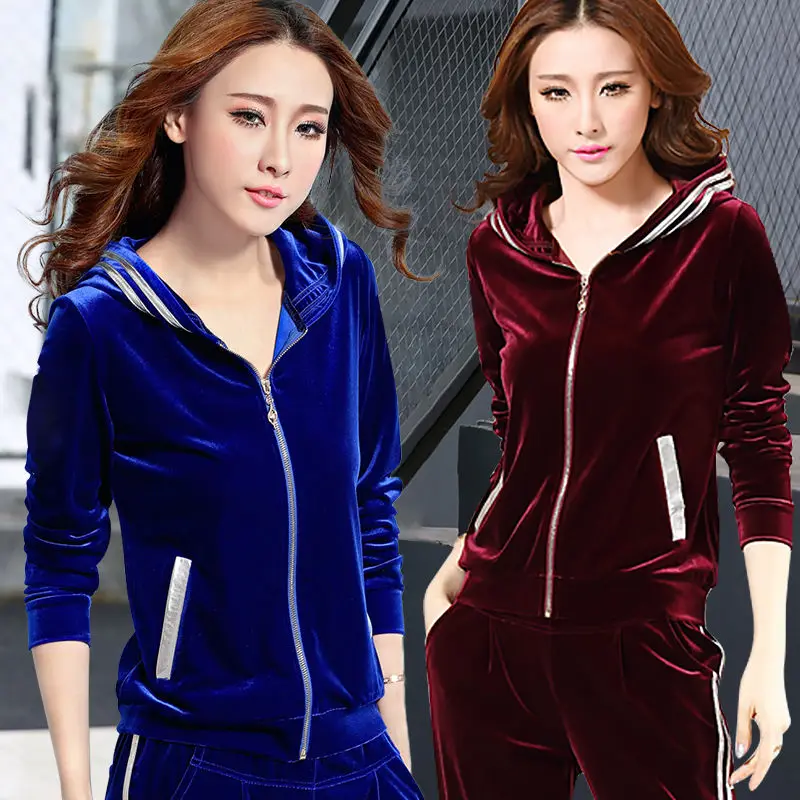 

Set Autumn Gold Velvet Sports Outfit Clothing Women's Long-Sleeved Loose Cardigan Zipper piece set Hooded Two-Piece Suit Femme