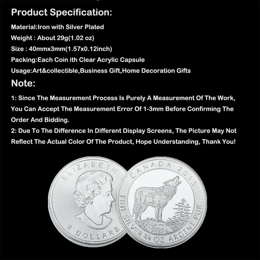 

Silver Plated Canada 2015 Fine 3/4OZ Argent Pur Wolf Elizabeth II Queen Souvenirs Coin Medal Collectible Coins