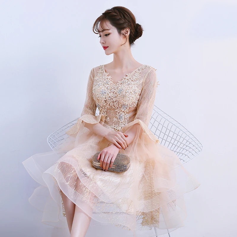 

Amazing prom Dresses Off the shoulder A-line Lace Hi-Low Vestidos Summer Short sleeve Evening prom dresses Suknia Wieczorowa