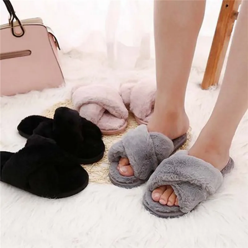 

Winter Fluffy Slippers Women Flat Non-slip Faux Fur Slides Furry Slippers Women Sandals Ladies Shoes Woman Home Slipper Female