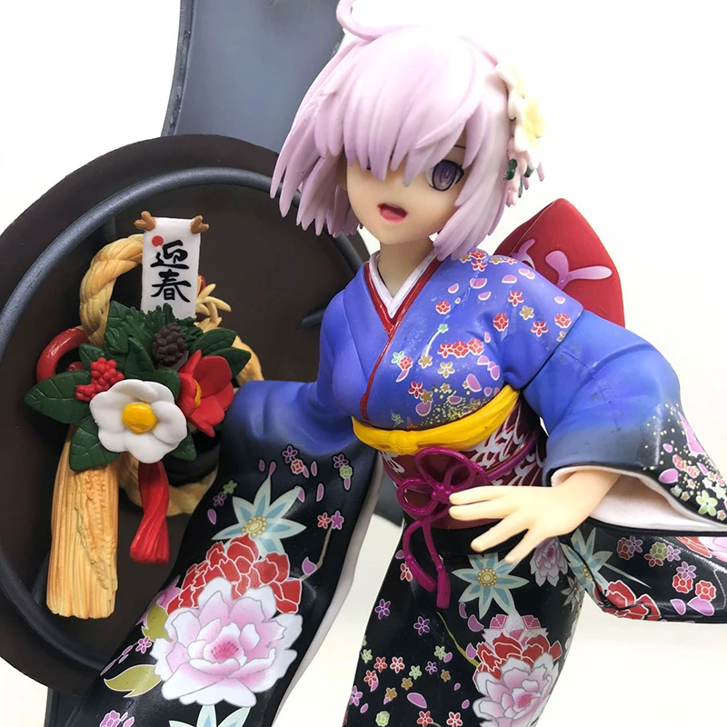 

27cm Fate/Grand Order Mash Kyrielight Anime Action Figure PVC Shield Kimono New Year Ver Stand on One Foot Short Hair Model Toys