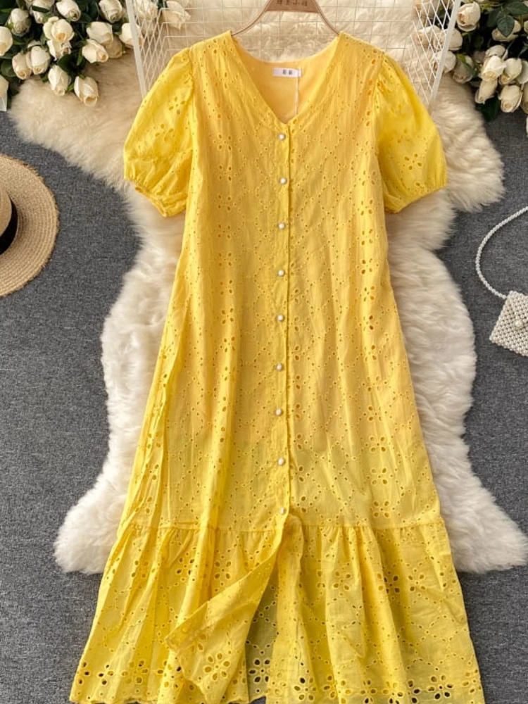 

FTLZZ New Summer A Line V Neck Chiffon Hollow Out Mid-Calf Women Dresses Casual Solid Single Breasted Lady Short Dress