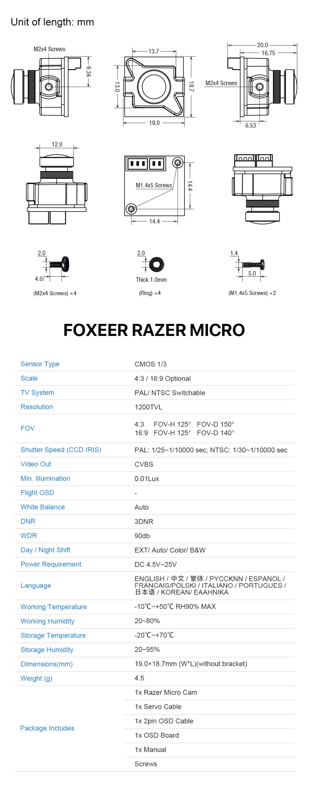 Foxeer razer Micro HD 5MP 1,8 мм M8 1200TVL 4:3/16:9 NTSC/PAL переключаемый с OSD 4,5-25 V естественное изображение FPV гоночный Дрон