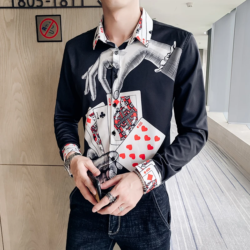Дизайнерская мужская рубашка с принтом в виде покера Camisa Masculina Повседневная
