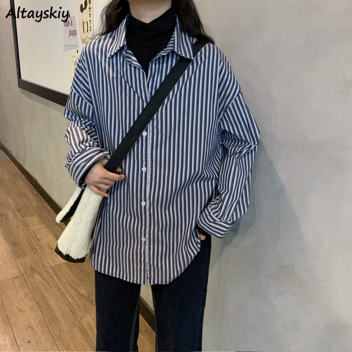 

Shirts Women Dark Blue Striped Fake Two Pieces Vintage Chic Korean Style Long Sleeve Blouses Loose All-match Spring Chic Design