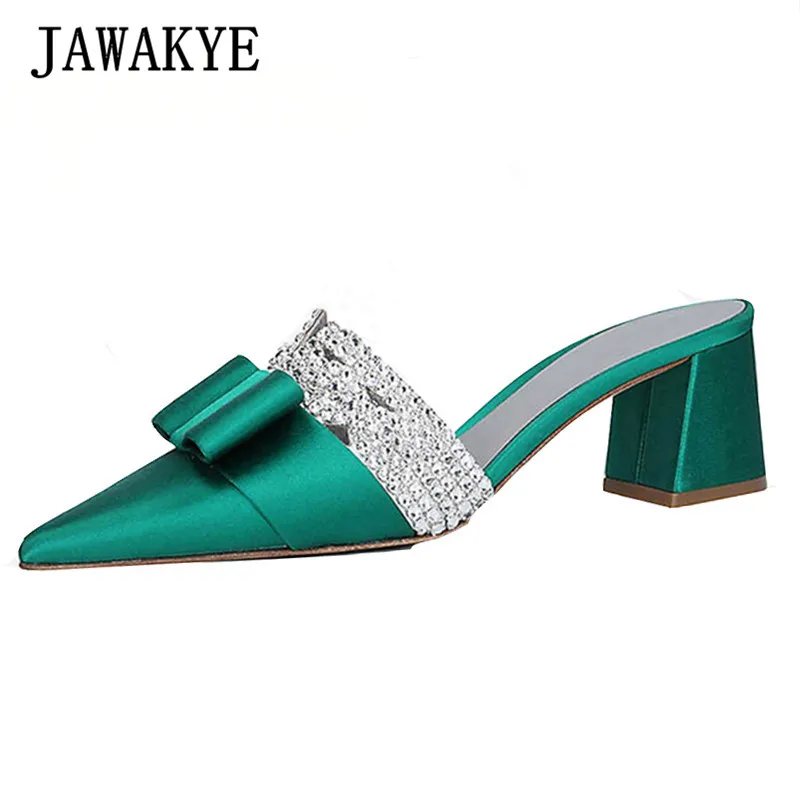 green JAWAKYE/тапочки со стразами на не сужающемся книзу массивном каблуке; женская обувь с острым носком; Шелковый бант с кристаллами; обувь на высоком каблуке; красные, зеленые, синие шлепанцы; обувь для вечеринок - Цвет: green