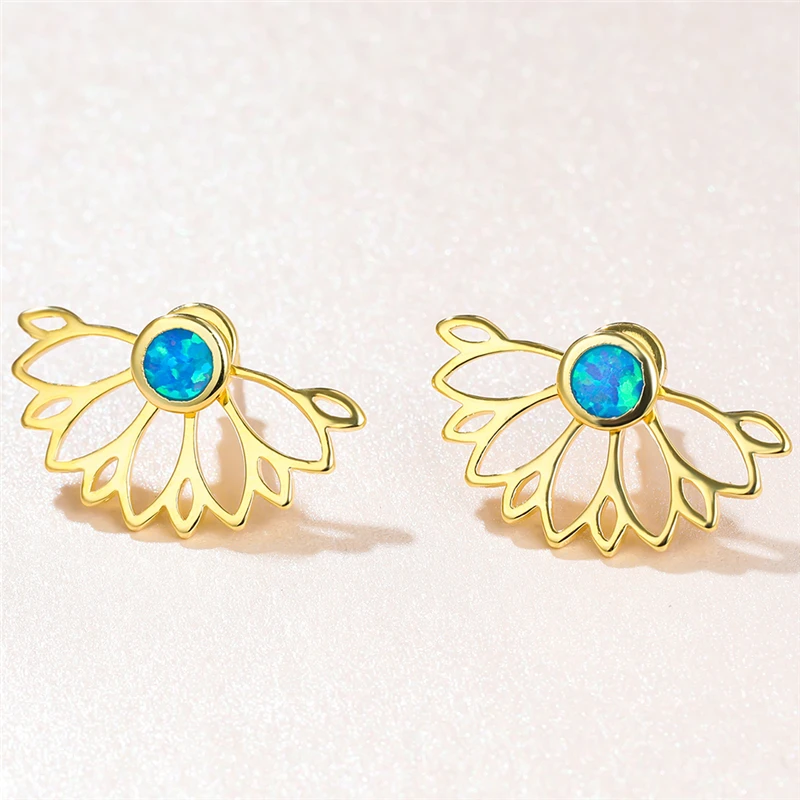 

Luxury Female Blue Round Opal Earrings Charm Gold Color Small Stud Earrings Vintage Hollow Flower Wedding Earrings For Women