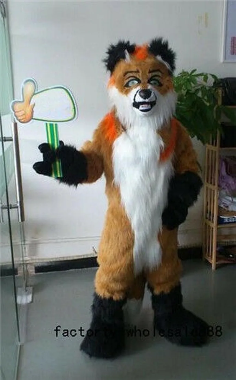 Милый длинный меховой коричневый хаски собака талисман костюмы лиса унисекс