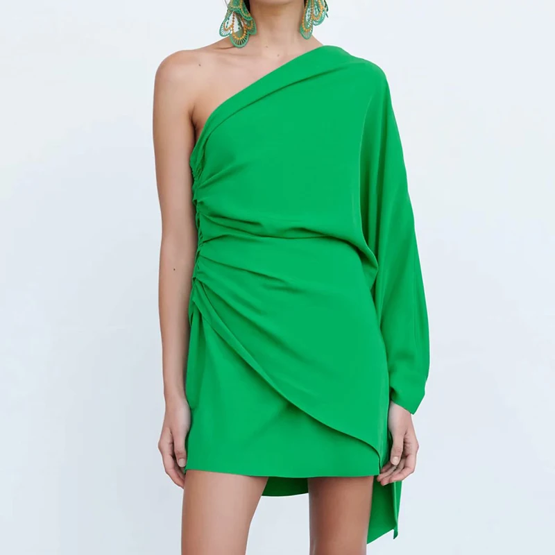 

Za Women Sexy Single Shoulder Green Asymmetric Folds Mini Dress Chic Irregular Hem Ladies High Street Dress Vestidos DWDD60653