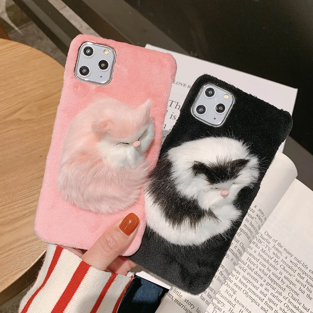 Милый пушистый 3D чехол с мультяшным котом для iPhone 11 Pro XS Max XR X плюшевый 8 7 6S Plus