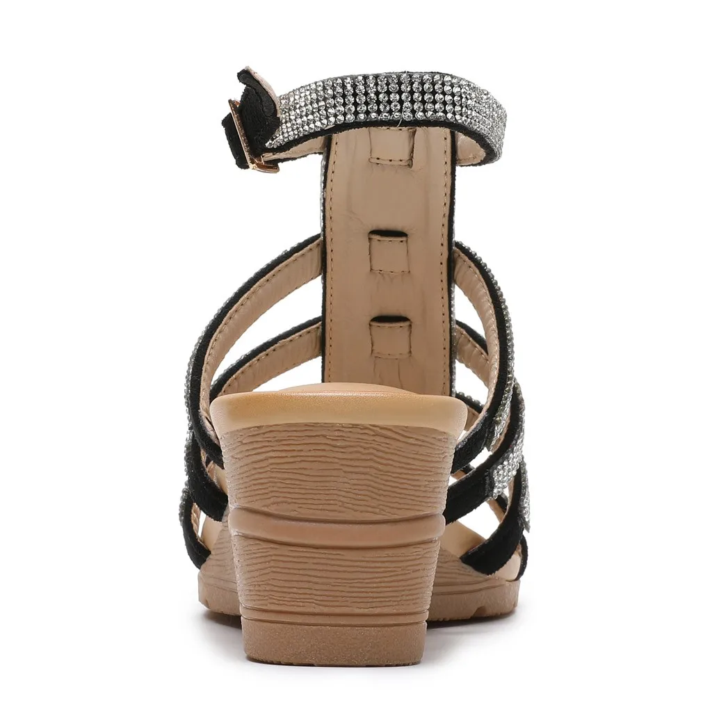 

Wedges Sandals Women Roman Style Rhinestone Buckle Strap Increasing Shoes For Summer Casual Beach Sandals Mujer