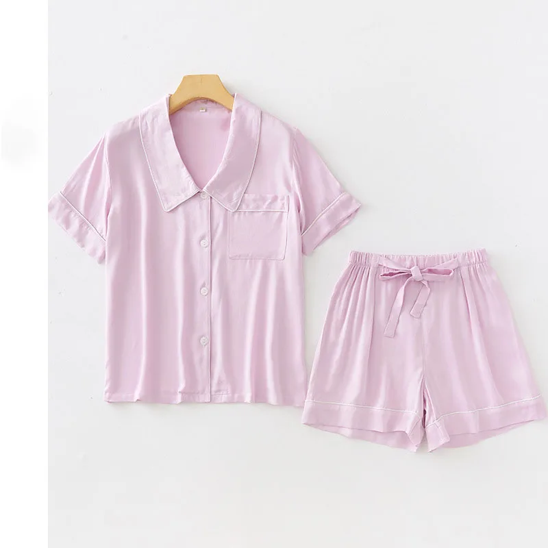 Spring and Summer Women's Pajamas Home Service Korean Version of Solid Color Short-Sleeved Shorts Two-Piece Ladies Pajamas