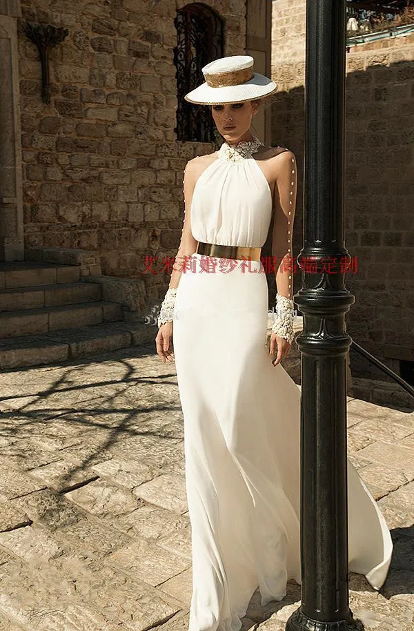 

prom fashion Formal gowns pearls vestido de festa sexy high neck long sleeves crystal sashes Bespoke Occasion Dresses with belt