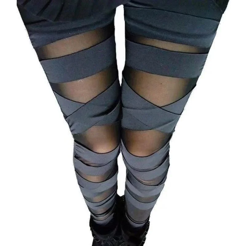 Women Sexy Bandages Leggings See Through Stripe Cross Tie Up Nine Point Bodycon  Black Slim Stretch Leggings 2021 Spring Autumn