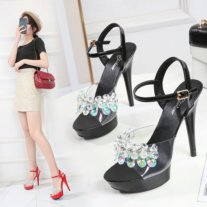 

Summer New Fashion 15CM High Heels Sandals Transparent Crystal Platform Peep Toe Jelly Pumps Sexy Nightclub Model Stilettos