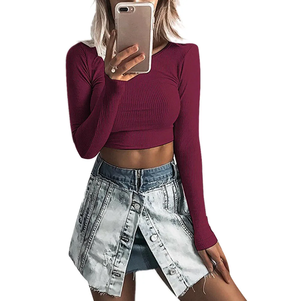 

Women Basic Tops Shirts Solid Color Long Sleeve O-neck Crop Tops Casual Spring Autumn Blouse For Laides Female