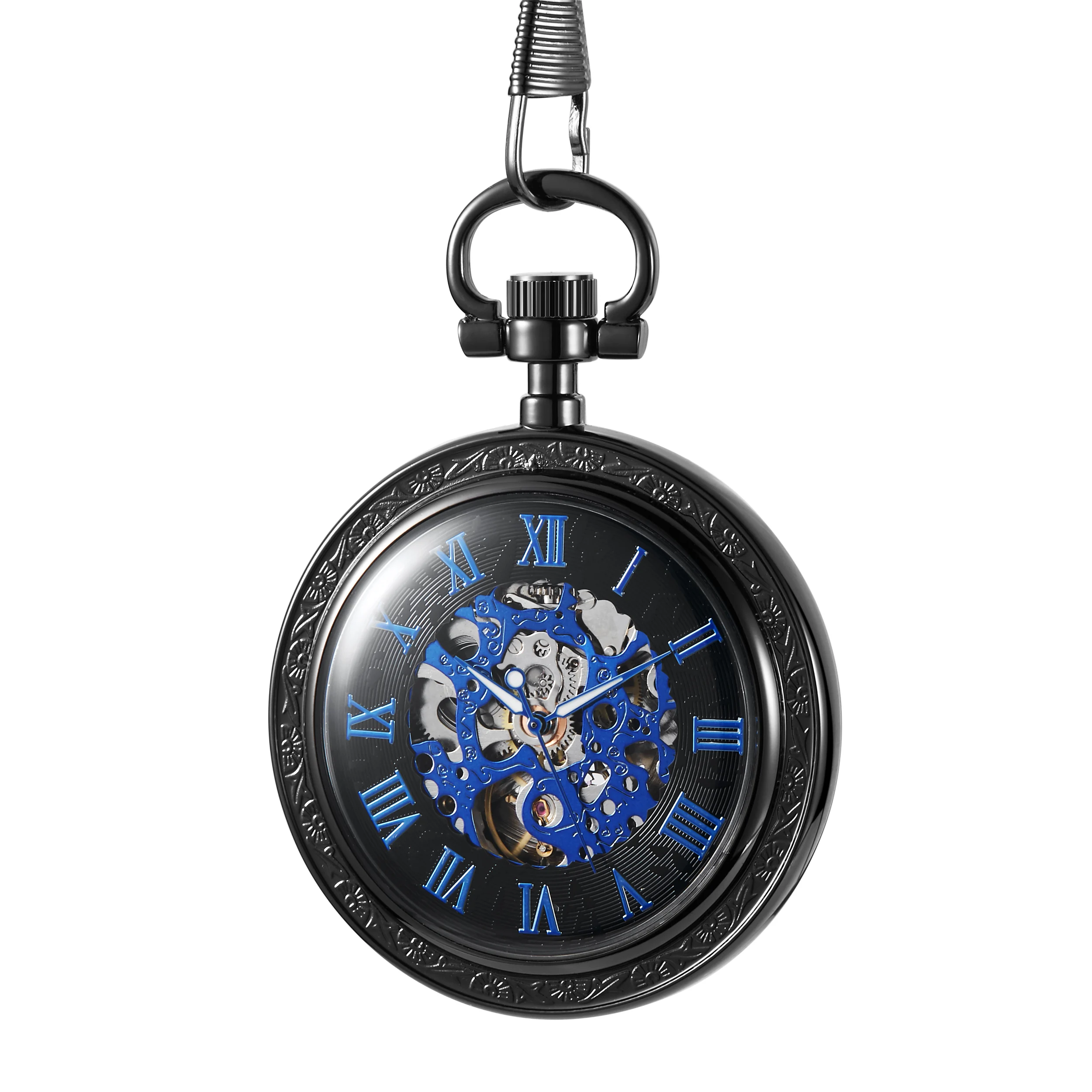 Pocket Watches Fashion Hollow Carved Roman Numerals Mechanical Pockets Watch With FOB Chain Unisex Gift