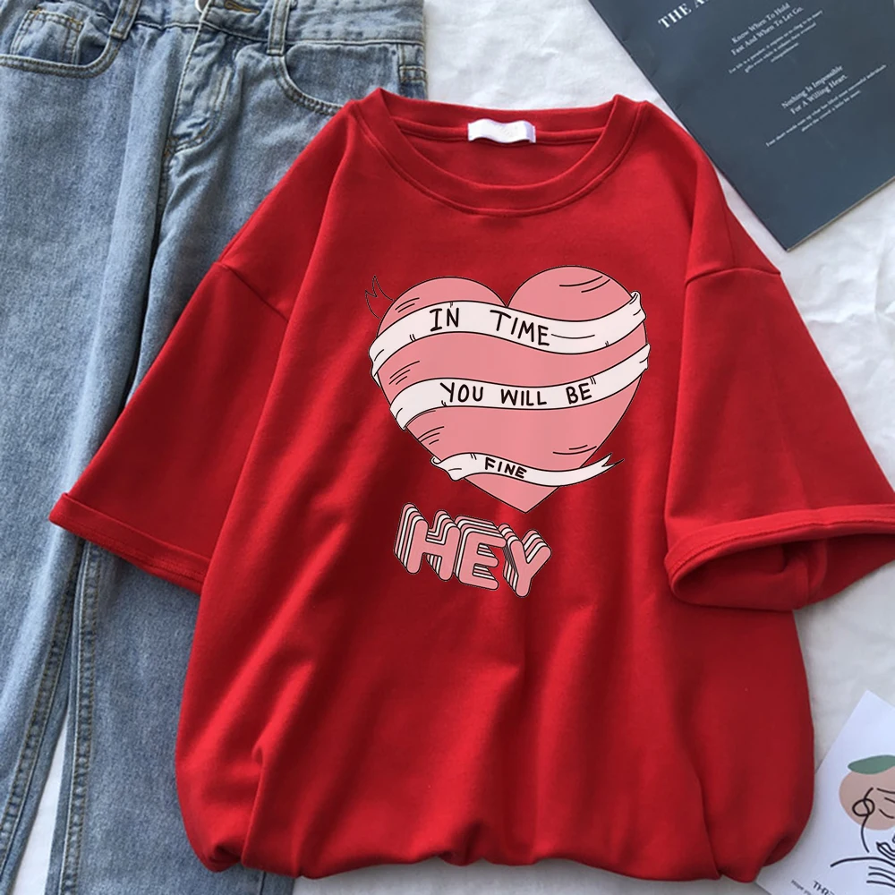 

Розовый «любящее сердце» белая лента печать Для женщин футболки манга негабаритных футболка Harajuku S-XXXL популярное новое летнее Для женщин's ф...