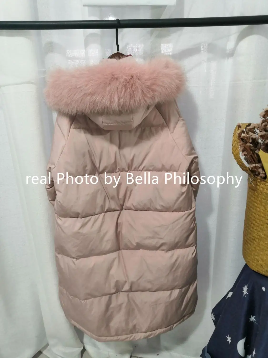 

Luck A Women Winter Women Raccoon Fur Hooded White Duck Down Coat pink Solid Thick Warm Loose Female Parkas
