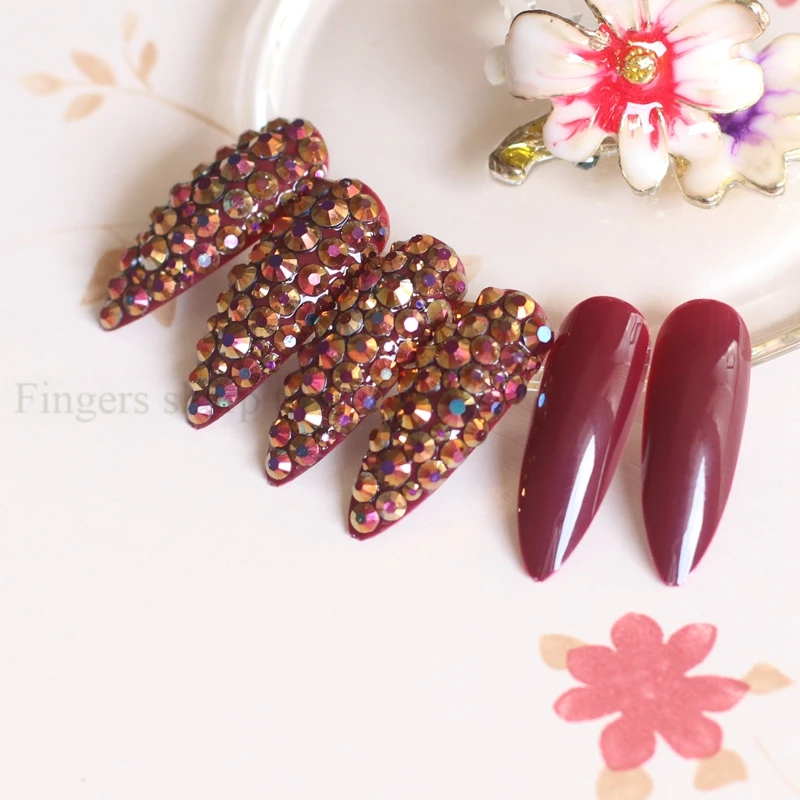 New Extra long pointed oval fake nails slim art salon nail crystal diamond nail Vampire color