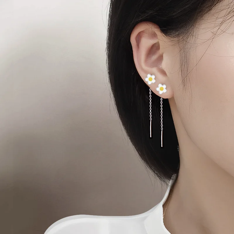 

LUTAKU модные белые эмалевые серьги-капельки с цветком маргаритки женские корейские элегантные серьги-цепочки с кисточками для женщин серьги ...