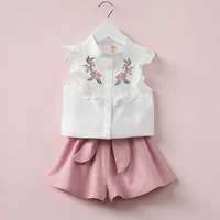 kids two piece set baby girls fashion embroidery singble breatsed shirt and bow shorts suit childrens cute outfits