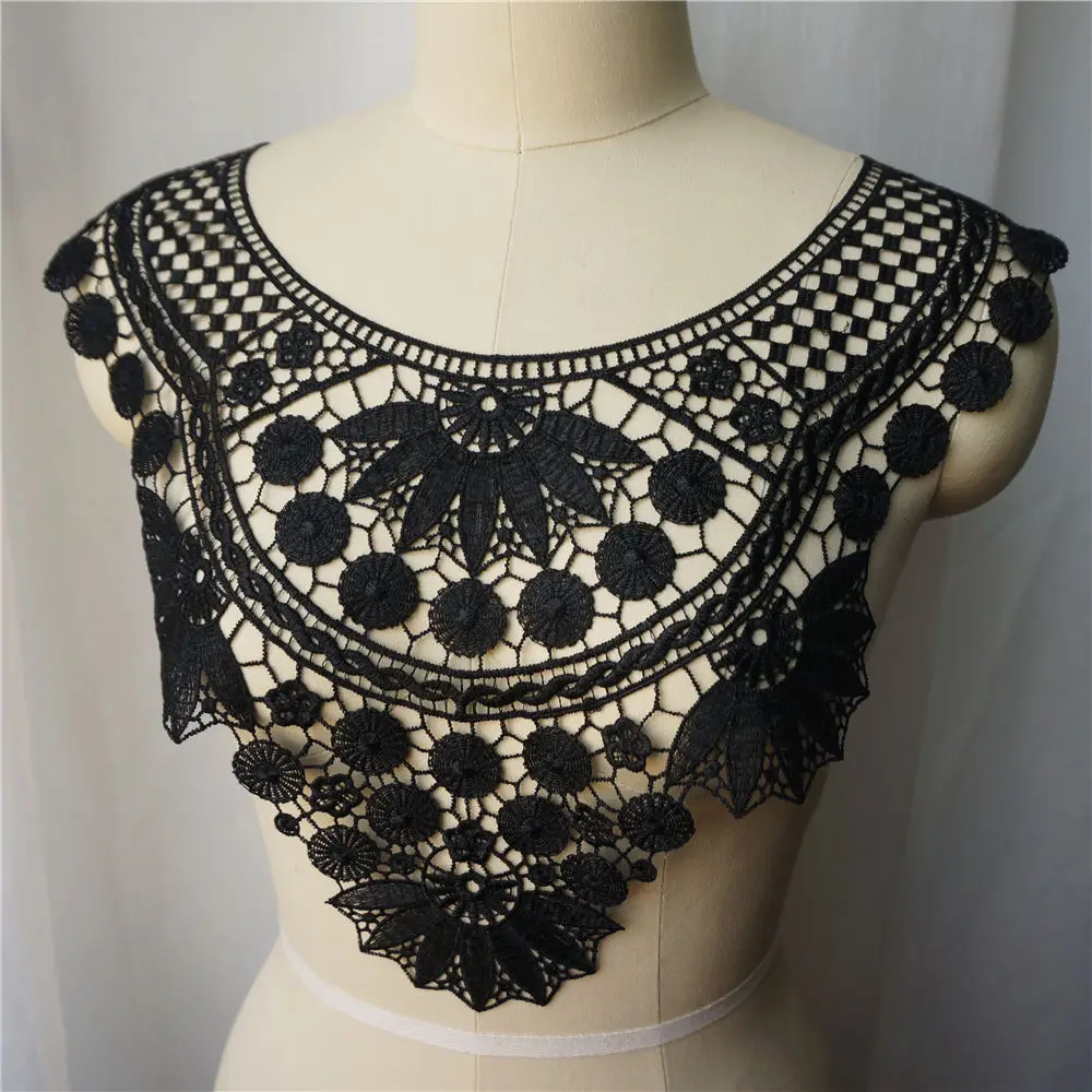 Черный цветочный тканевый воротник круглый точечная сетка вышитая аппликация