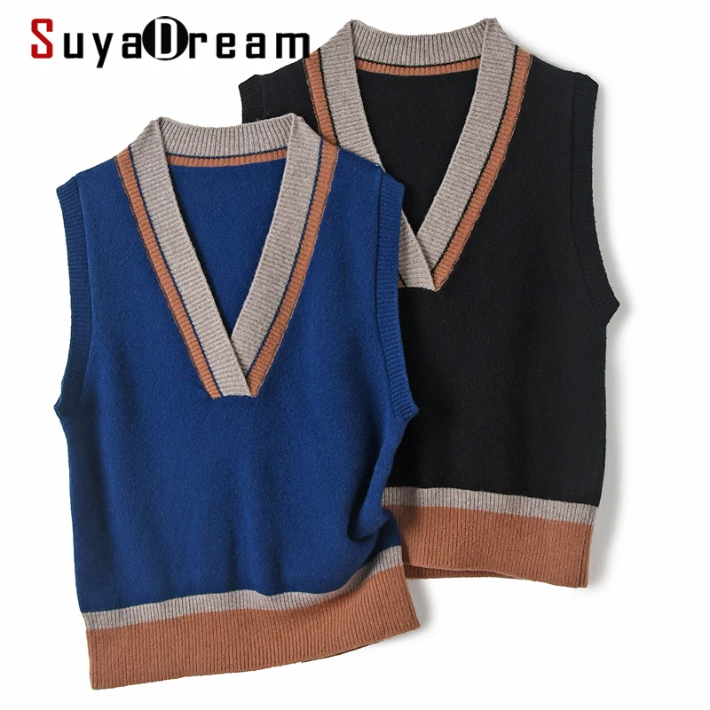 

SuyaDream Women Sweaters 100%Wool V neck Vests 2021 Fall Winter Wool Pullovers for Woman Knitted Tanks Navy Black