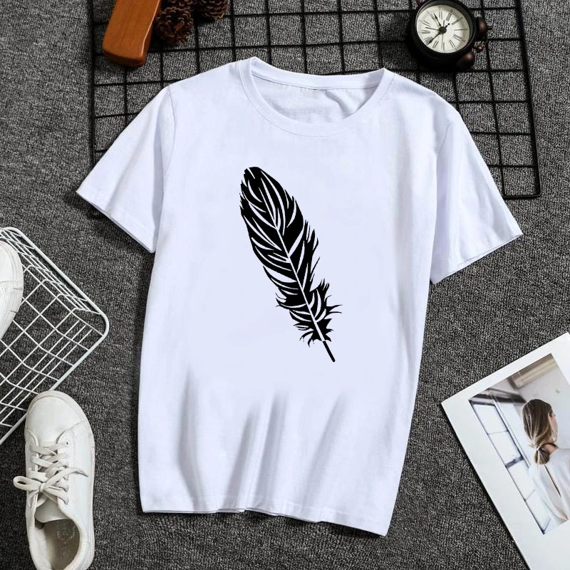

T-Shirts For Women Vogue Feather Print Cartoon 90s Casual Top Lady Womens Harajuku Graphic T Shirt Ladies Female Tee T-Shirt