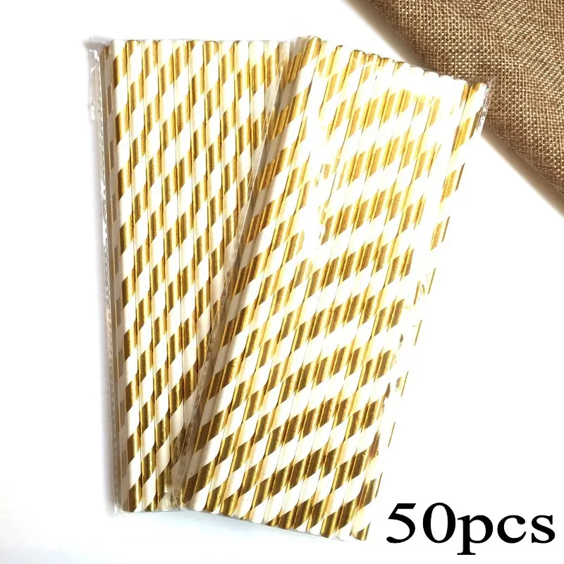 Foil Gold Stripe 50 шт./лот фольги в золотую полоску бумажные соломинки для детей с днем рождения свадьбы рождества украшения творческие флаги события вечерние принадлежности - Цвет: Foil Gold Stripe