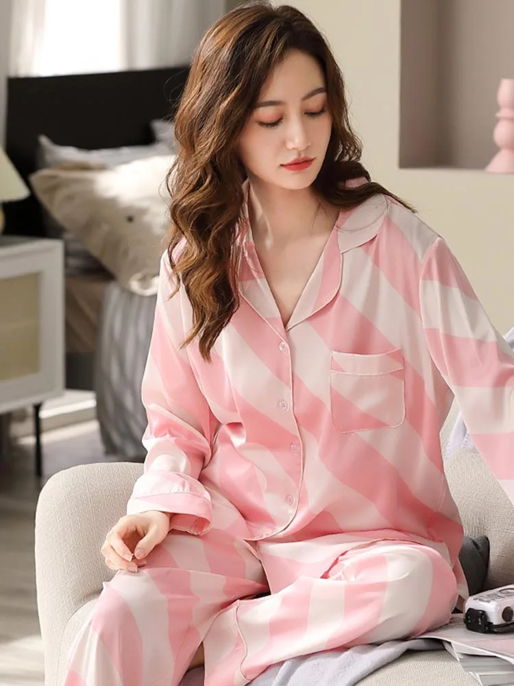 2022 New Ice Silk Pajamas Sets for Women Spring&Summer 2 Pcs Pyjama Suit Pink Striped Female Sleepwear Home Clothes Pijama Mujer