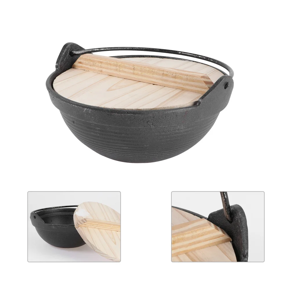 

1 Set Iron Soup Pot Sturdy Japanese Style Hot Pot Non-stick Pot with Wooden Lid