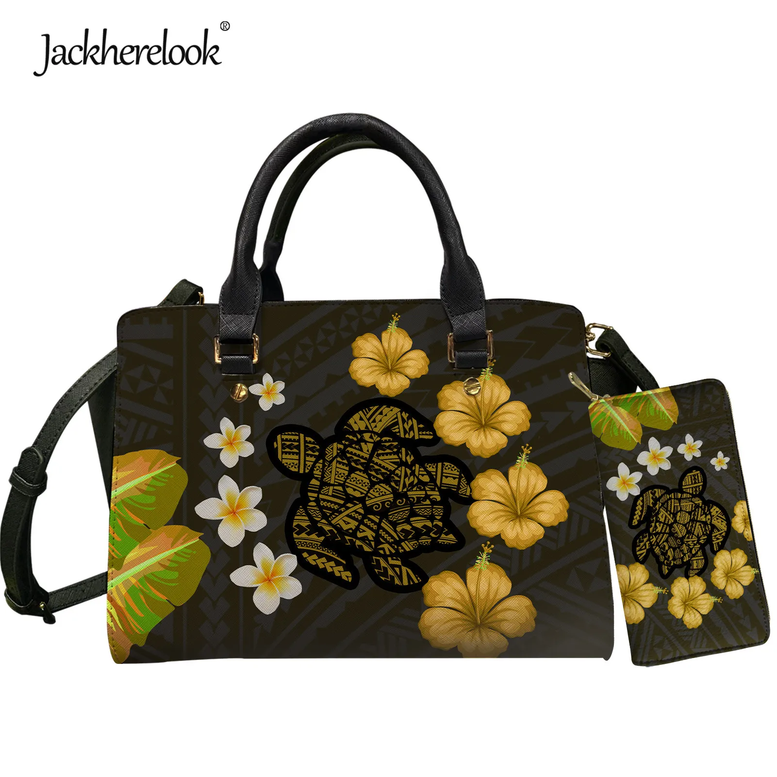 

Jackherelook Polynesian Sea Turtle Plumeria Hibiscus Design Women PU Handbag Wallet 2pcs/Set Female Tote/Cross Body Bag Bolsa