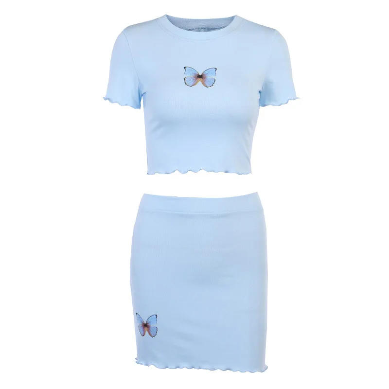 

21039 European and American new summer butterfly print fungus navel fashion casual T-shirt top hip skirt