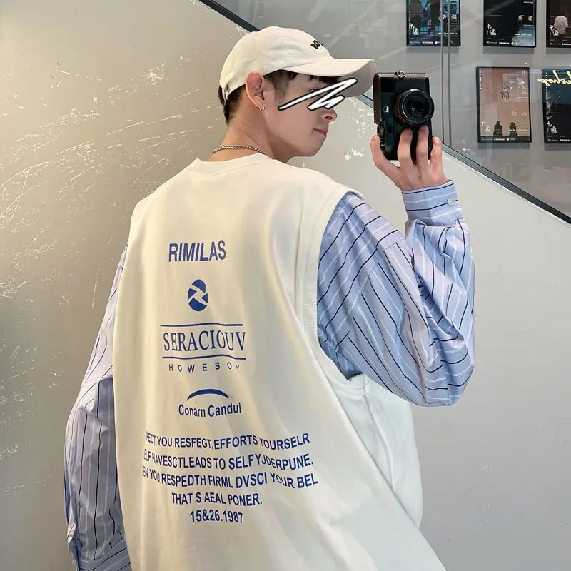 

Fake Two-piece Sweatshirts Men Autumn Hong-Kong Style Stitching O-neck Printed Tops Male Streetwear Trendy Long Sleeve Pullovers