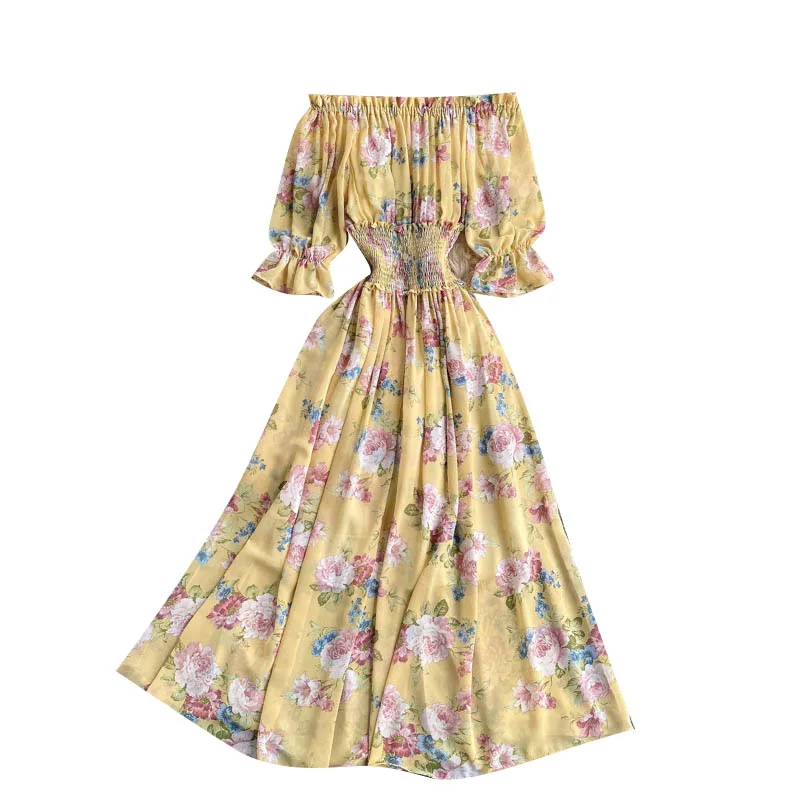 

new holiday dress sexy long word brought the dew shoulder hubble-bubble sleeve cultivate morality broken flower