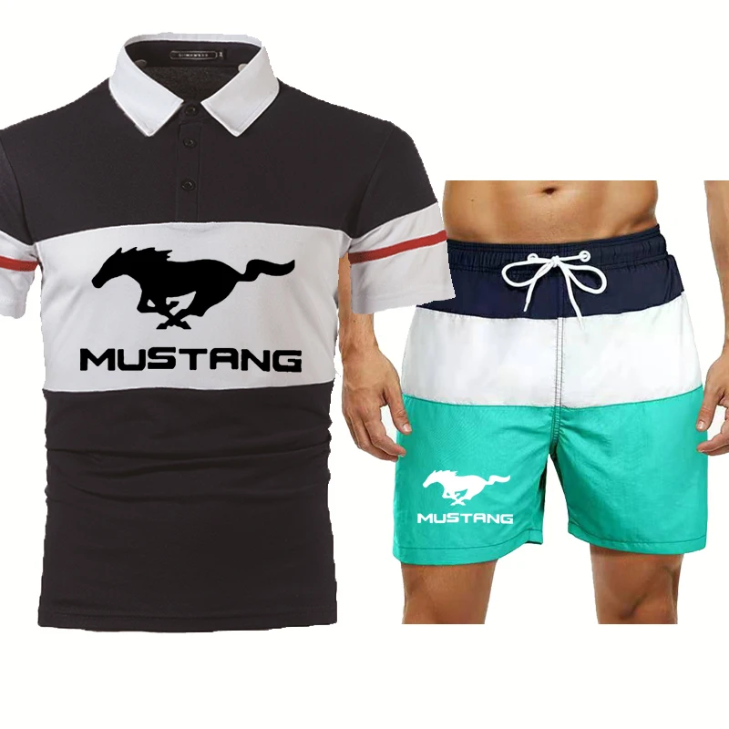 

Fashion Summer Men's suits Mustang car logo casual O-neck Men's High Quality Cotton Men's short sleeve+shorts 2-piece set