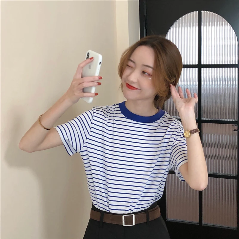 Женские Классические Полосатые винтажные футболки с коротким рукавом и круглым