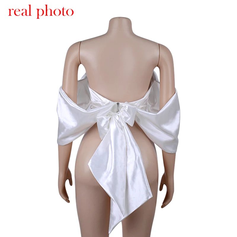 

Fashion Blouses Women Satin Deep V-neck Off Shoulder Strapless Bow Lace Up Backless Ladies Cropped Top Streetwear
