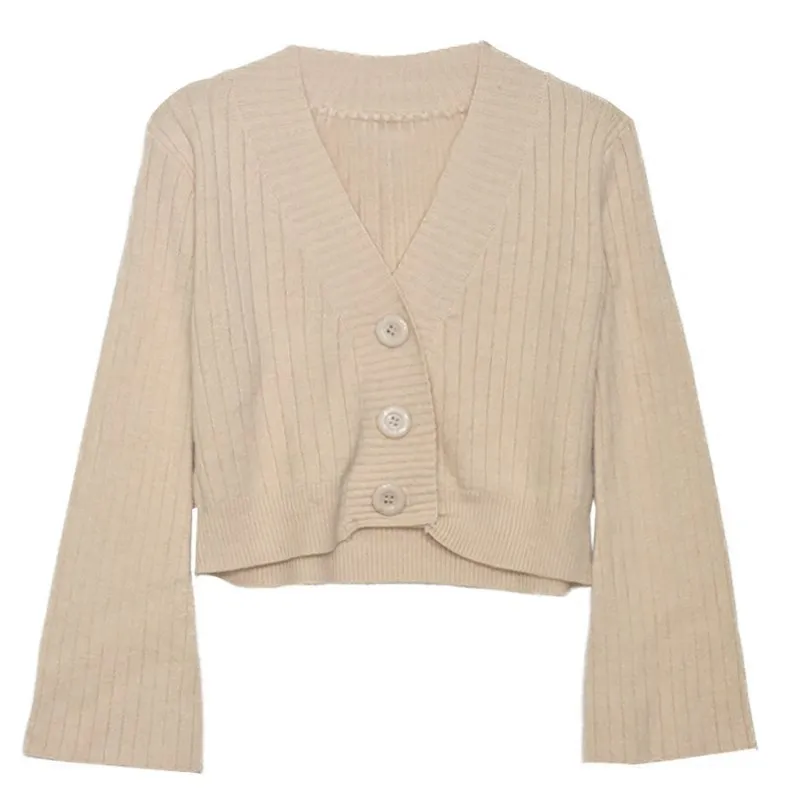 Женский вязаный кардиган на пуговицах с глубоким v-образным вырезом укороченный