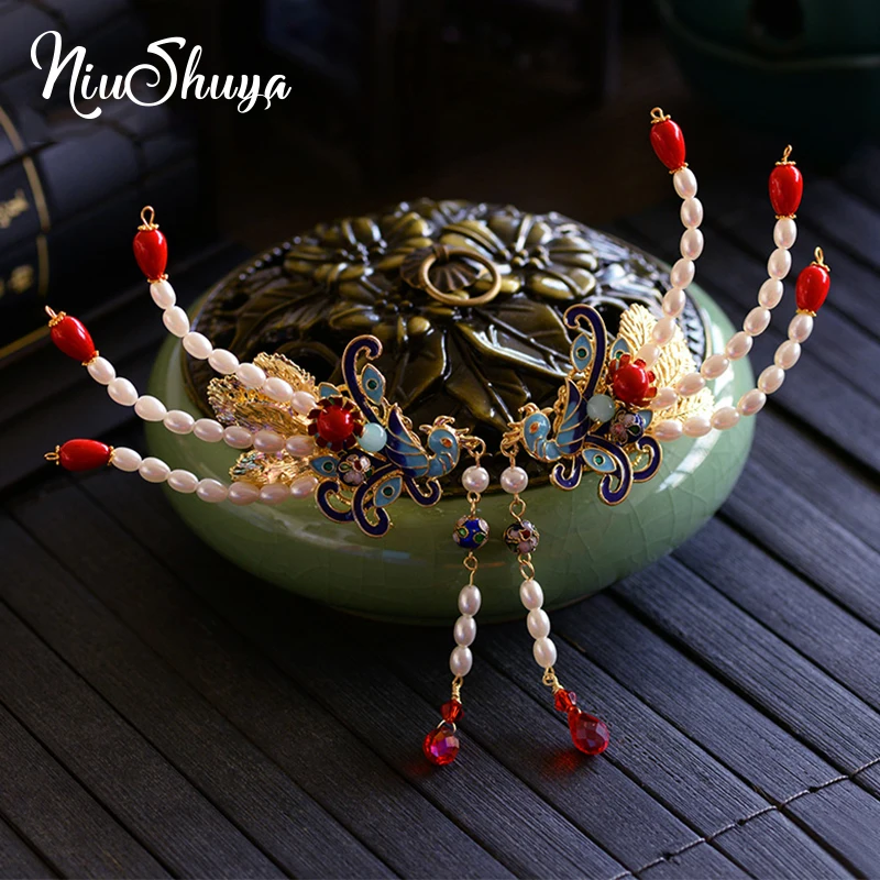 

NiuShuya Handmade Chinese Vintage Cloisonne Phoenix Hair Accessories Bridal Wedding Chinese Hanfu Costume Headdress Accessories