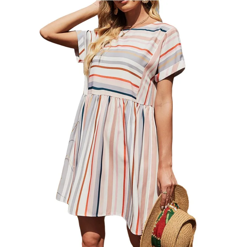 

212SD-JK8256 // Summer New Loose Short-sleeved Long Section Round Neck Casual Striped Dress