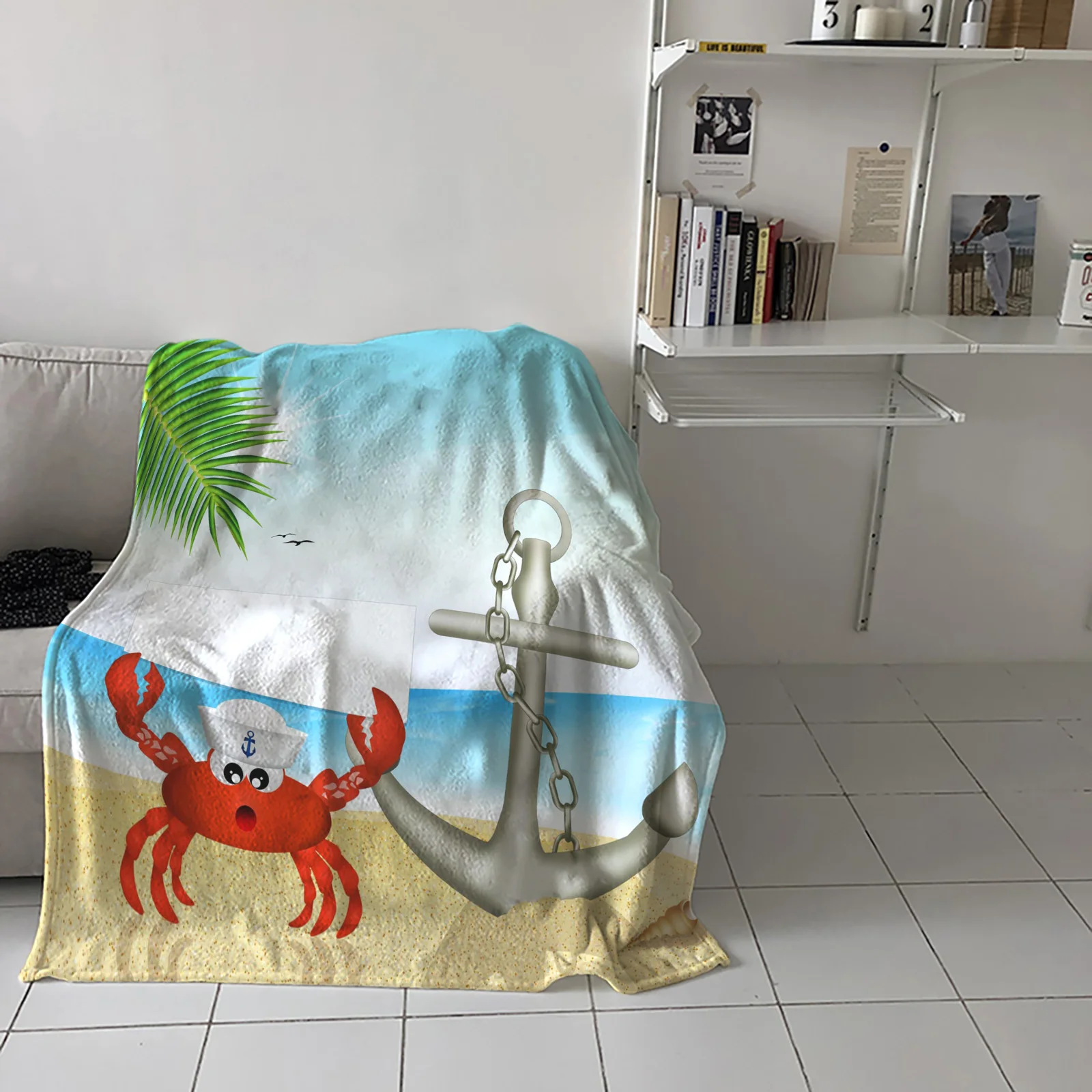 

Beach Crab Anchor Throw Blanket Home Sofa Decor Blanket Portable Soft Bedspread Microfiber Flannel Blankets for Beds