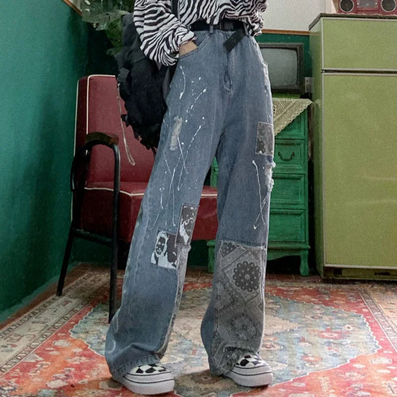 

New Street hip hop plus size handsome retro womens high waist wide leg pants loose wild straight jean 2021 Time limited