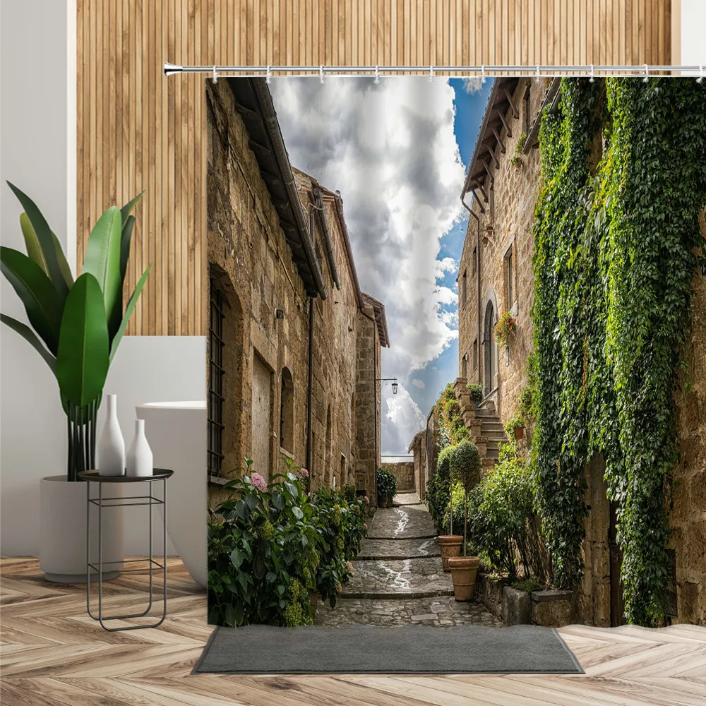 Занавеска для душа с изображением ступенек зеленого леса пейзаж в стиле ретро