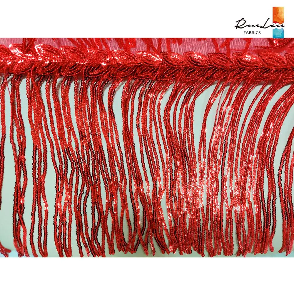 Кружевная ткань с красными блестками вышивкой кисточками для выпускного вечера