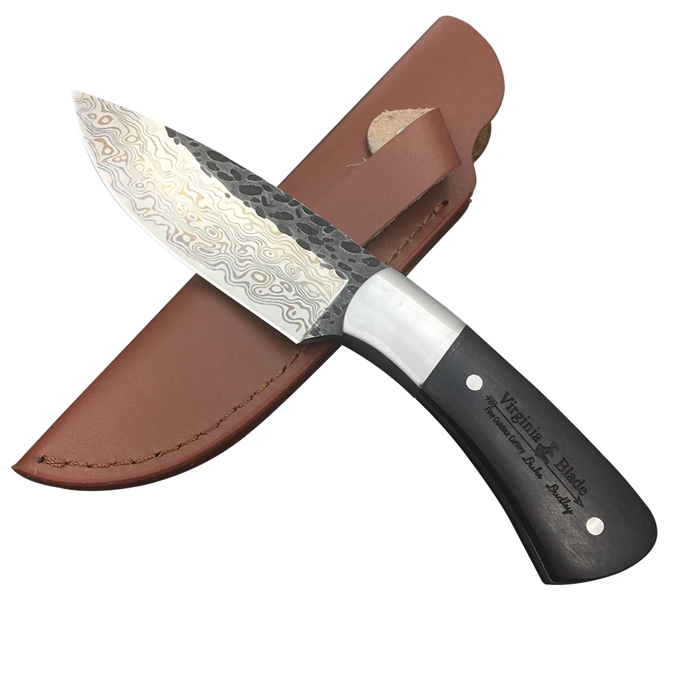 

Dropship Damascus Steel pattern hunting survival knife Straight Handmade forged fixed blade tactical knife 58HRC ebony handle